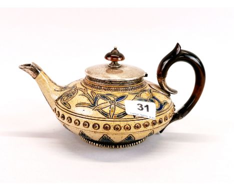 A lovely early silver (tested) mounted Doulton Lambeth teapot, W. 23cm, H. 12cm.