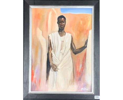 A framed oil on board of a man in African dress signed Gina Driver, frame size 56 x 70cm.