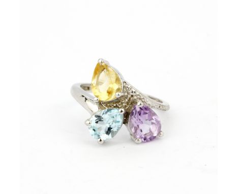 A 925 silver ring set with pear cut amethyst, citrine and blue topaz, (N.5).