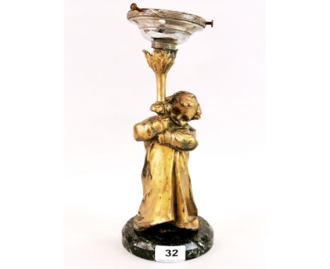 A 19th / early 20th century metal table lamp base of a child holding a lantern after Mednat with foundry mark, H. 30cm.