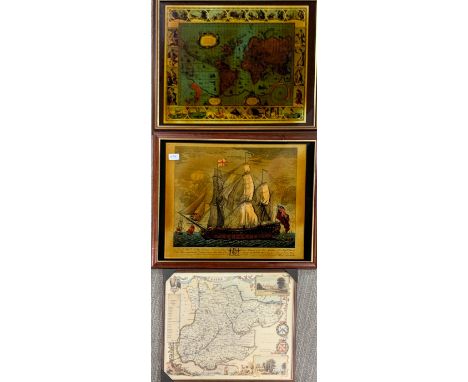 Two framed map prints and a Nautical print, largest frame size 65 x 50cm.