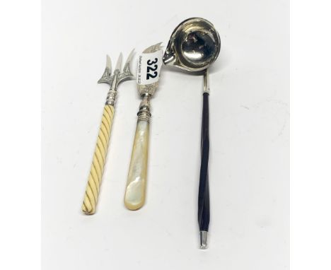 A hallmarked silver and mother of pearl handled butter curler, L. 16cm, together with a hallmarked silver miniature toddy lad