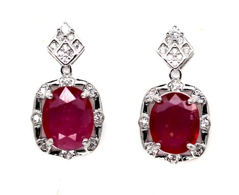 A pair of 925 silver drop earrings set with oval cut ruby and white stones, 1.8cm.