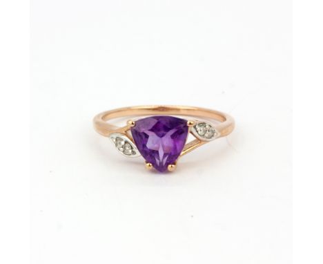 A hallmarked 9ct rose gold (stamped 10k) ring set with a trillion cut amethyst and diamonds, (O).