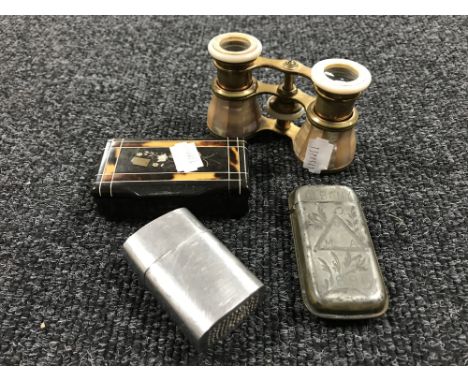 A pair of French mother of pearl opera glasses, together with a inlaid snuff box, a late nineteenth century brass match holde