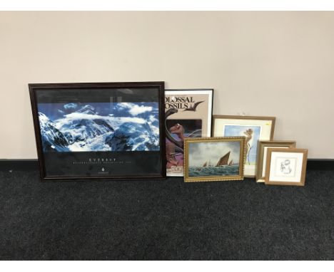 Seven assorted framed pictures, including an early twentieth century gilt framed oil on canvas, depicting boats in open sea, 