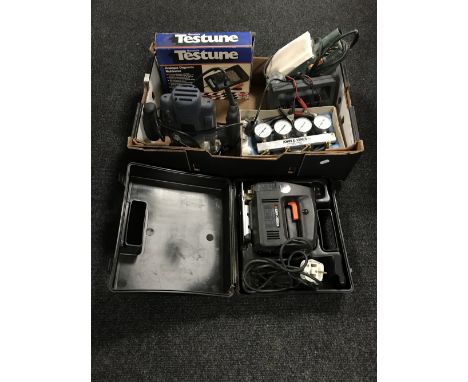 A box containing electric power tools, cased Gunsons testune diagnostic multimeter, etc 