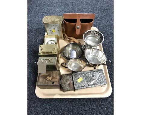 A tray of brass mantel clocks, a cased set of Ruka binoculars, silver plated wares, trinket boxes etc 