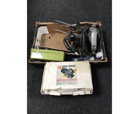 A box containing cased Black and Decker electric planer, a boxed electric engraver, power tools, brass door plate, etc