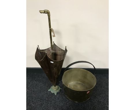 A brass and copper stick stand in the form of an upturned umbrella, together with a brass jam pan