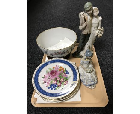 A tray containing Royal Copenhagen fruit bowl, Spanish figure, Spode Royal Horticultural Society collectors plates, etc