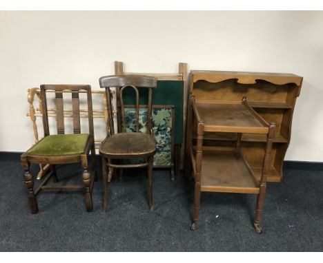 A folding card table, fire screen, clothes airer, towel rail, two tier trolley, dining chair, Bentwood chair and dresser top 