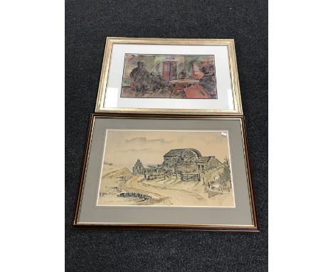 A gilt framed pastel drawing - The Games Room by Durac Barnett, one further framed pastel and ink picture of Kilhope Wheel in