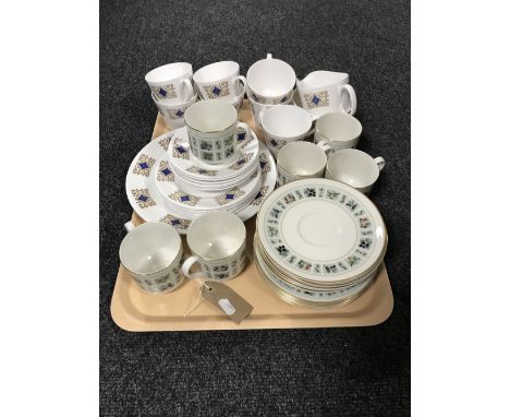 A tray containing part Royal Doulton tapestry tea set and part Gainsborough bone china tea set