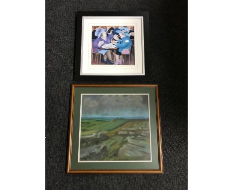 A box containing assorted framed prints and tapestries, including a Beryl Cook print