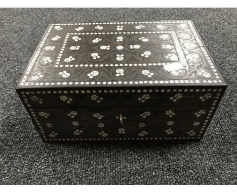 A late nineteenth century Anglo-Indian bone inlaid hardwood trinket box  CONDITION REPORT: This measures 25cm wide, 16.5cm de