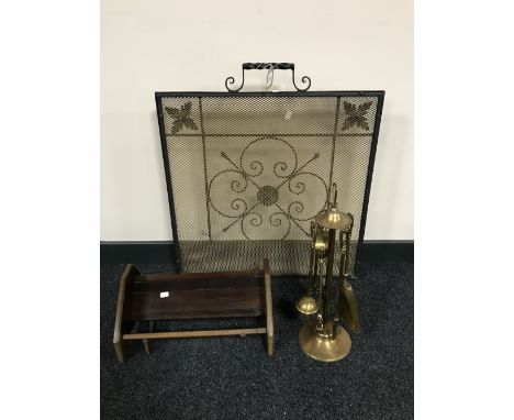 A metal fire screen, together with a brass four way companion set on stand and an antique mahogany book stand 