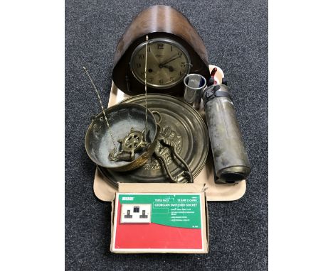 A tray containing an oak mantel clock, a vintage brass fire extinguisher, assorted brass ware, sockets, etc