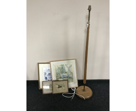A rug, a mid twentieth century walnut standard lamp, together with four framed pictures, including a pair of colour prints de