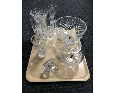 A tray containing a pair of Edinburgh Crystal champagne flutes, a cut glass flower vase, a dwarf candlestick, a fruit bowl, e