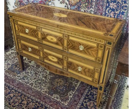 COMMODE, Continental style in marquetry with two long drawers, 120cm x 46cm x 90cm H.
