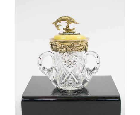 A SMALL FABERGE STYLE ENAMEL, glass silver gilt and diamond set pot and cover (top with chip to guilloche enamel) 12cm H. 