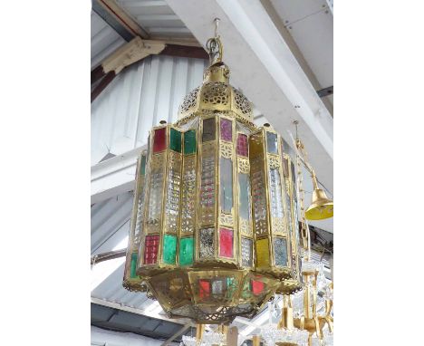 MOROCCAN RIAD LANTERN, brass with coloured glass detail, 100cm drop approx.