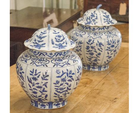 TEMPLE JARS, a pair, Chinoiserie blue and white ceramic with lids, 65cm H. (2)