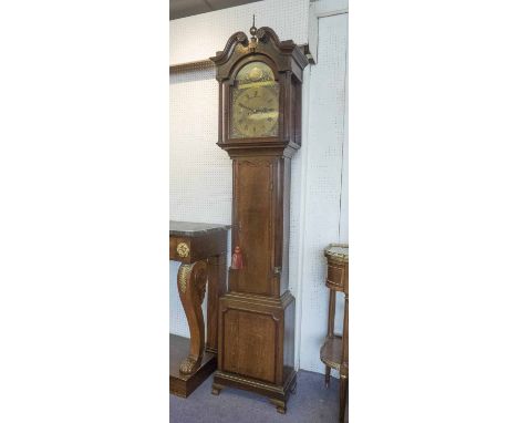 LONGCASE CLOCK, George III oak and mahogany with eight day movement and with a brass face inscribed 'J. Morgan, Salop', 225cm