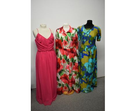 Three 1960s and 70s maxi dresses, including heavy polished cotton dress with blue, olive and  green print and John Charles dr