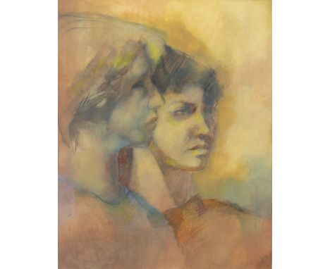 CONTEMPORARY SCHOOL, PORTRAIT OF TWO WOMEN mixed media 60cm x 47cm Mounted, framed and under glass
