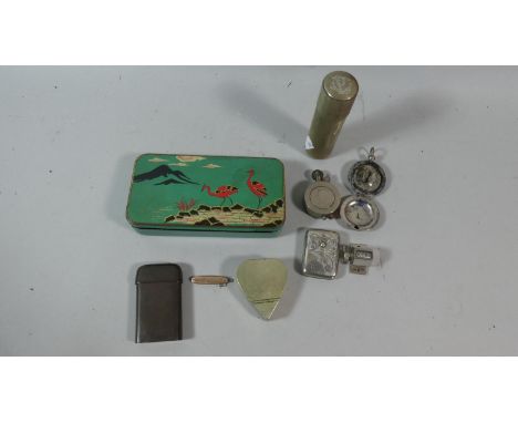 A Vintage Crawford Biscuit Tin Containing Various Vestas, Lighter, Heart Shaped Box, 9ct Gold Button Hook etc