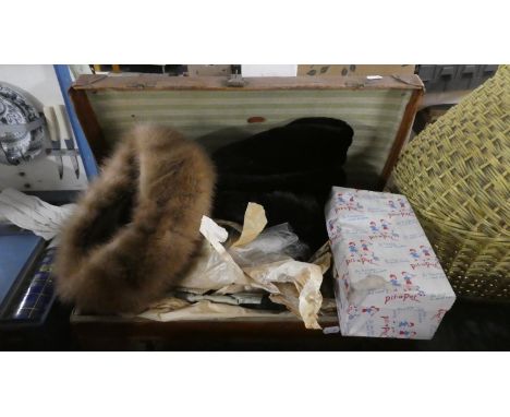 A Vintage Suitcase Containing Fur and Other Ladies Caps, Gloves, Linens, Lace Work etc 