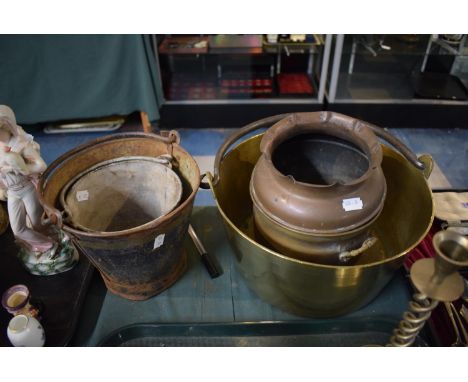 A Brass Jam Kettle, Copper Vase and Planter Together with Two Small Vintage Buckets 