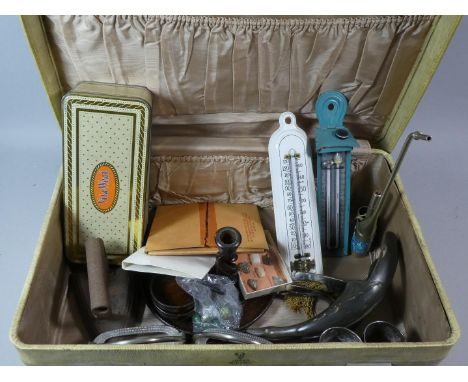 A Vintage Antler Suitcase Containing Curios to Include Flat Iron, Thermometer, Welsh Mineral Samples, Oriental Pipe, Oriental