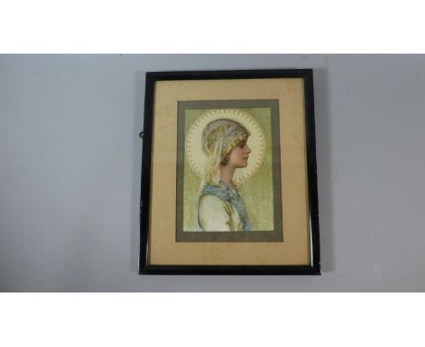 A Framed Print on Silk Depicting Side Portrait of 1920's Maiden 