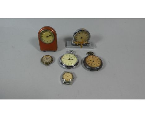 Two Vintage Pocket Watches, Chromed Travel Clock and One Other and Two Wrist Watch Movements 