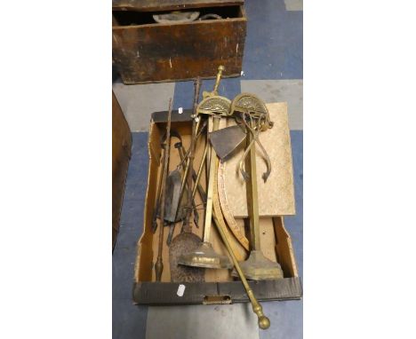 A Box Containing Late 19th Century Brass Fire Stands and Irons Together with Two Vintage Clothes Hangers 