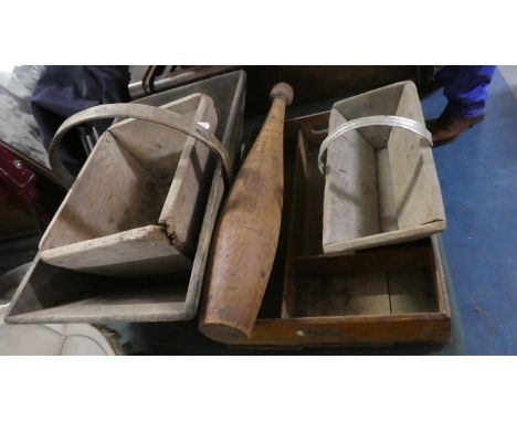 A Collection of Vintage Wooden Items to Include Flower Trugs, Knife Box, Exercise Club etc 
