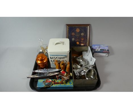 A Tray of Curios to Include Mincer, Dominoes, Magnifying Glass, Tea Caddy, Warship Models, Biscuit Tin etc 