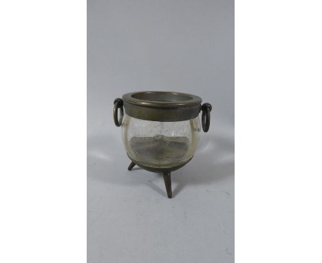 A Glass Cauldron Cruet or Pot with Metal Trim Elevated on Tripod Feet, 7.5cm High