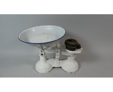 A Set of Vintage White Painted Kitchen Scales with Weights and Enamelled Pan 