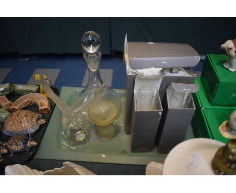 A Tray Containing Various Glassware to Include Decanter, Boxed Barbara Barry Vases and Glasses, Eagle Mantle Clock etc 
