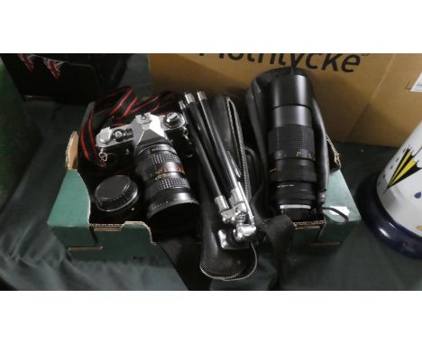 A Pentax ME 35mm Camera Complete with Various Telescopic and Other Lenses, Flash Gun, Tripod etc 