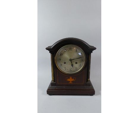 An Edwardian Inlaid Mahogany Mantle Clock, Eight Day Movement with Key and Pendulum, Junghans movement needs Attention, 29cm 