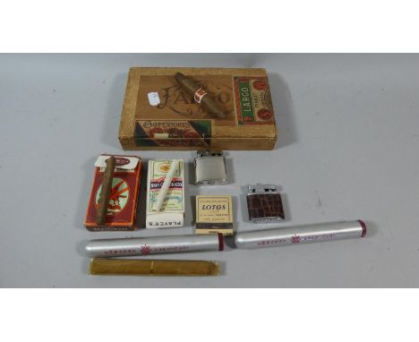A Box Containing Eleven Vintage Cigars, Players Navy Cut Cigarettes, Manikin Cigars Together with Two Lighters 