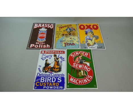 A Collection of Five Reproduction Coloured Enamel Adverting Signs, Each 26cm High 