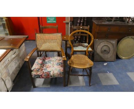 A Pair of Oak Framed Bedroom Chairs, Tripod Wine Table, Cane Seated Balloon Back Chair and a Cane Backed Edwardian Arm Chair 