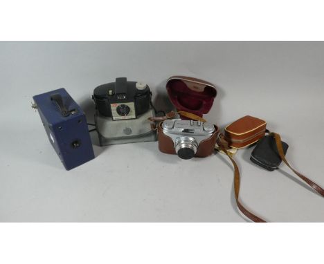 A Vintage Leather Cased Arette German Camera with Light Meter and Flash Together with Box Camera and Vintage Kodak 