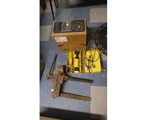 A Vintage Wooden Vice, Metal Case BSA Nail Gun and a Cassette Player 